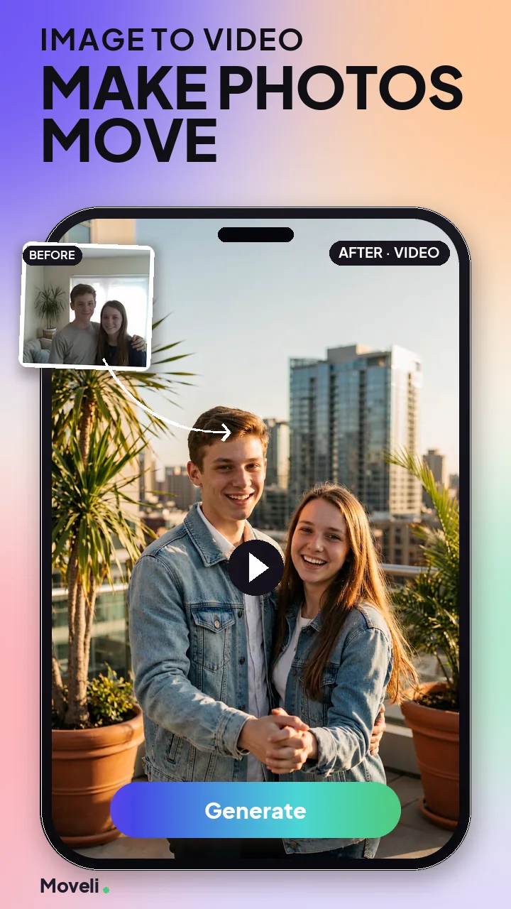 Moveli's Image to Video screen: a casual living-room snapshot turned into a sunlit rooftop moment, with the Generate button below.